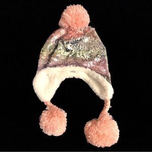Pink Super Sequins pompom hat, for girls.
pink and white with rainbow se…